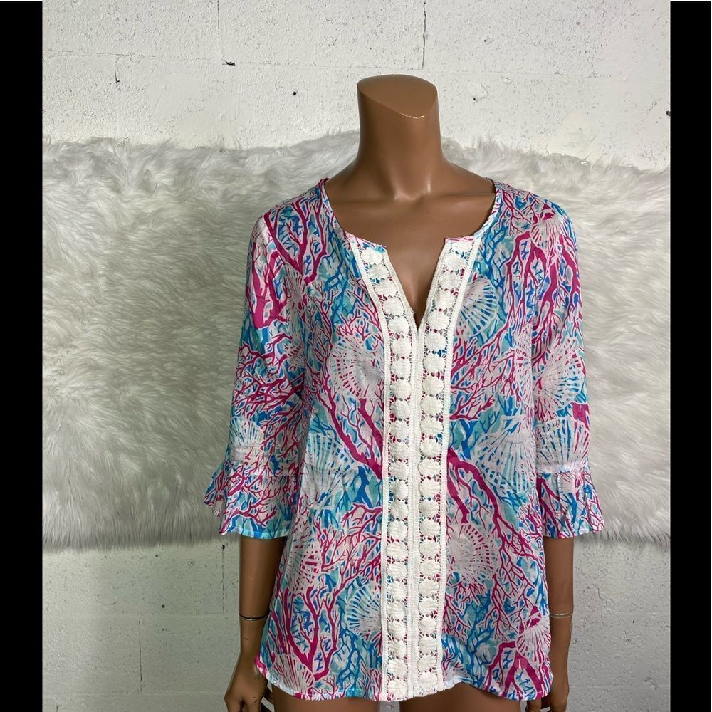 Casey Key Pink Blue White Printed Tunic Top M